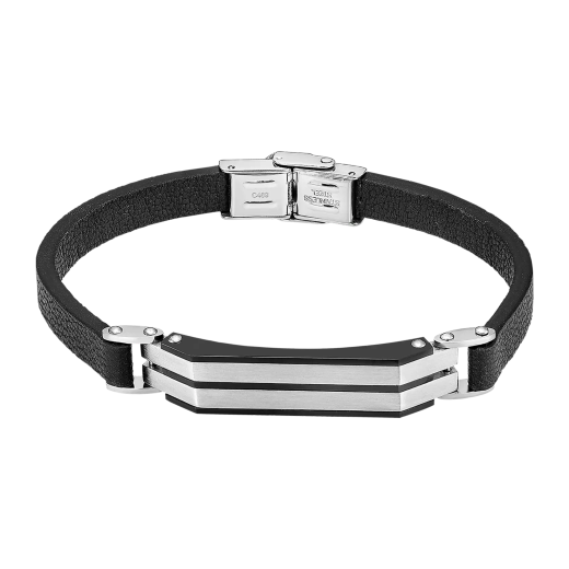 Pulsera Acero Inoxidable & Piel Negra Lotus Hombre LS2586-2/1 Placa Negra Bicolor Plateada 22cm