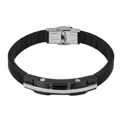 Pulsera Acero Inoxidable & Piel Negra Lotus Hombre LS2587-2/1 Placa Negra Bicolor Plateada 22cm