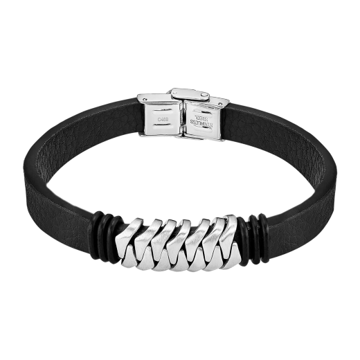 Pulsera Acero Inoxidable & Piel Negra Lotus Hombre LS2588-2/1 C. Eslabones En Brillo 21cm