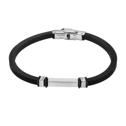Pulsera Acero Inoxidable & Piel Silicón Negro Lotus Hombre LS2536-2/1 Placa Negra Bicolor Plateada En Brillo 21cm
