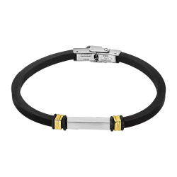 Pulsera Acero Inoxidable & Piel Silicón Negro Lotus Hombre LS2536-2/2 Placa Negra Bicolor Plateada En Brillo 21cm