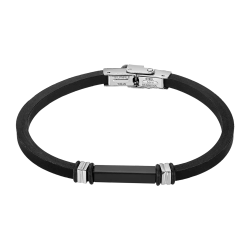 Pulsera Acero Inoxidable & Piel Silicón Negro Lotus Hombre LS2536-2/3 Placa Negra Bicolor Plateada En Brillo 21cm