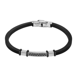 Pulsera Acero Inoxidable & Piel Silicón Negro Lotus Hombre LS2537-2/1 Placa Negra Bicolor Plateada En Brillo 21cm