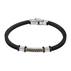 Pulsera Acero Inoxidable & Piel Silicón Negro Lotus Hombre LS2537-2/2 Placa Negra Bicolor Plateada En Brillo 21cm