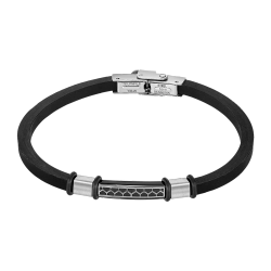 Pulsera Acero Inoxidable & Piel Silicón Negro Lotus Hombre LS2537-2/3 Placa Negra Bicolor Plateada En Brillo 21cm