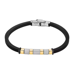 Pulsera Acero Inoxidable & Piel Silicón Negro Lotus Hombre LS2538-2/2 Placa Dorada Bicolor Plateada En Brillo 21cm