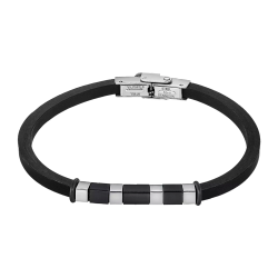 Pulsera Acero Inoxidable & Piel Silicón Negro Lotus Hombre LS2538-2/3 Placa Negra Bicolor Plateada En Brillo 21cm