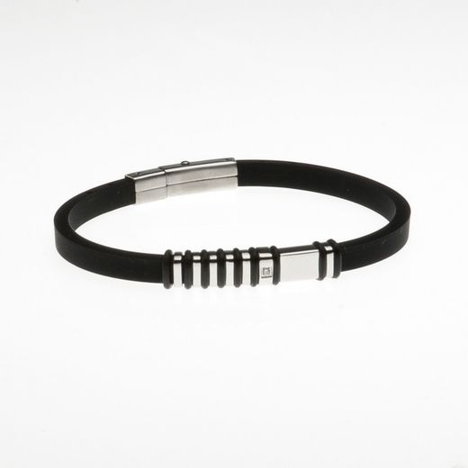 Bracelet Sovrani Acier 21 cm BR2737 Cuir Noir Lisse Zircone