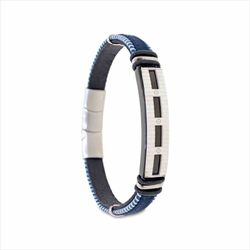 Pulsera Acero Sovrani AV0235 Piel Azul Con Placa Bicolor Negra