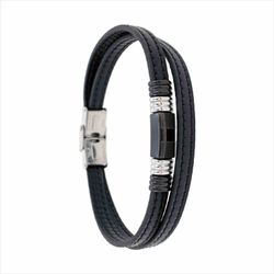 Pulsera Acero Sovrani AV0254 Piel Negra Doble Con Placa Negra