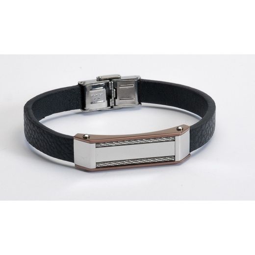 Pulseira Sovrani BR1840 de aço com couro bruto preto e placa bicolor rosa