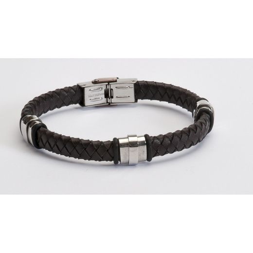 Bracelet Sovrani BR2459 en cuir tressé noir et acier avec plaques