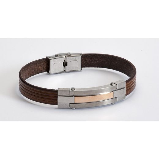 Pulseira Sovrani BR4137 de couro marrom e aço com placa bicolor rosa