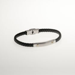 Pulsera Acero Sovrani BR4992 Piel Negra Trenzada Con Placa Lisa