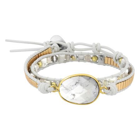 Pulsera Cordón Algodón Blanco - Acero Dorado Argyor MRM (AC)403A65 Plaqué Howlita Agata Blanco