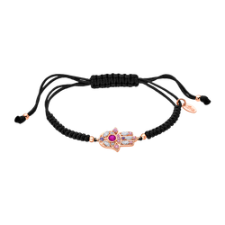 Pulsera Cordón Negro - Plata Rose Lotus LP1989-2/6 Mano Fátima Circonitas Multicolor