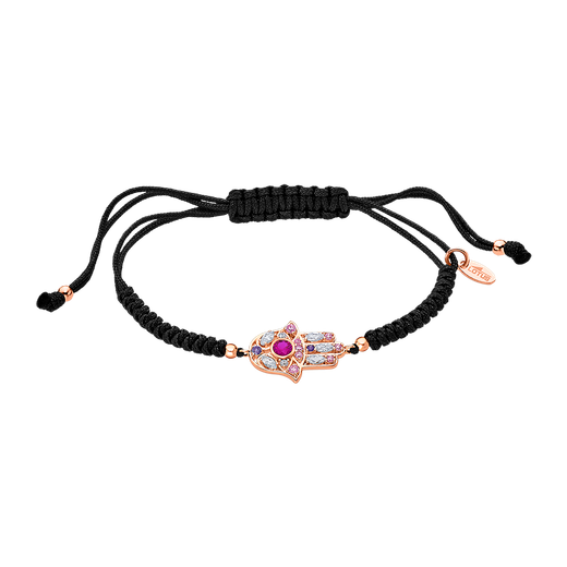 Pulsera Cordón Negro - Plata Rose Lotus LP1989-2/6 Mano Fátima Circonitas Multicolor