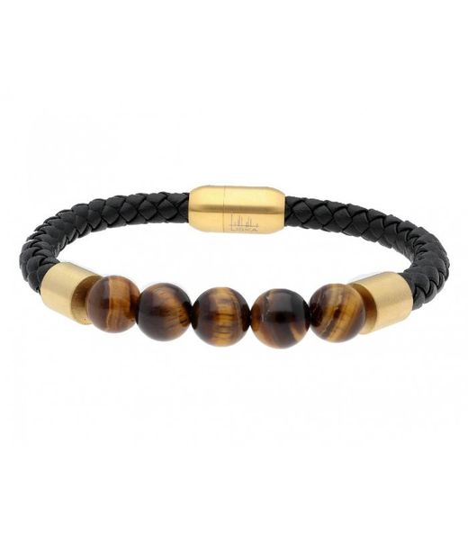 Men's Gold Steel Bracelet Liska BALI046BR-G Black Leather Natural Stone