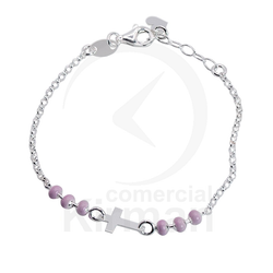 Pulsera Plata 072308 Cruz Bolas Esmalte Rosa 14+2cm