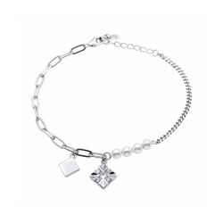 Pulsera Plata B22064 Eslabones Con Perlas y Cuadrados de Circonitas