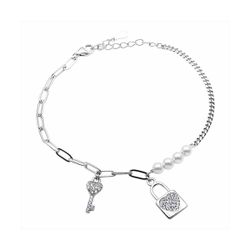 Pulsera Plata B22065 Eslabones Con Perlas y Candado Con Llave  de Circonitas