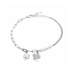 Pulsera Plata B22068 Eslabones Con Perlas y Tréboles de Circonitas