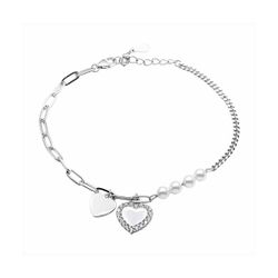 Pulsera Plata B22070 Eslabones Con Perlas y Corazones de Circonitas