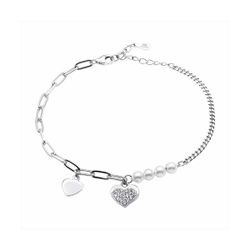 Pulsera Plata B22071 Eslabones Con Perlas y Corazones