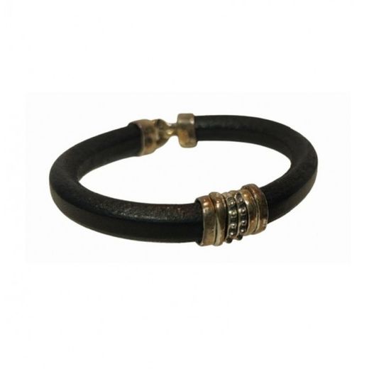 Xernus Gold Silver Bracelet 3NF27104 Black Leather with Beads