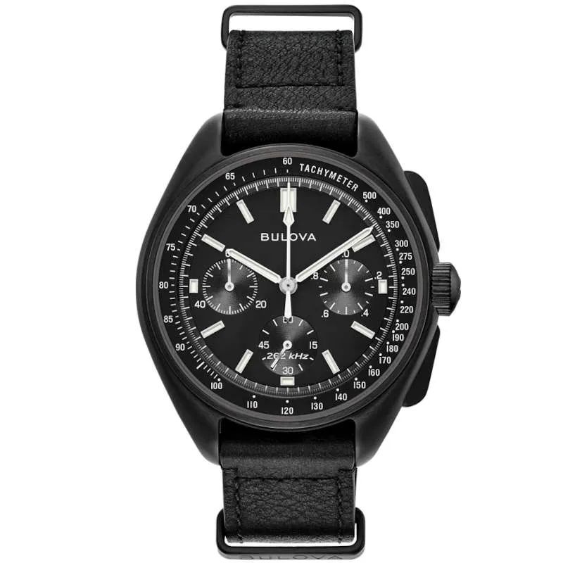 Reloj Bulova Hombre 98A186 Lunar Pilot Piel Negra Cronógrafo Acero Negro Analógico