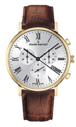 Reloj Claude Bernard Hombre 10258 37J AR Swiss Made Piel Marrón Cronógrafo Acero Dorado Analógico