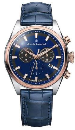 Reloj Claude Bernard Hombre 10259 357RC BUGIR Swiss Made Piel Azul Cronógrafo Acero Bicolor Rose Analógico