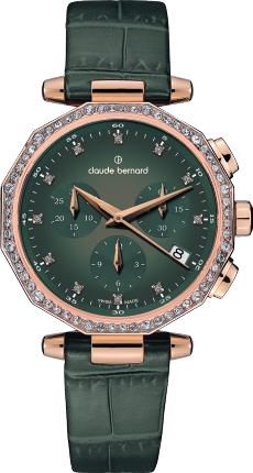 Reloj Claude Bernard Mujer 10260 37RCV VDPR Swiss Made Piel Verde Cronógrafo Acero Rose Analógico