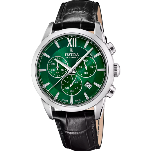 Reloj Festina Hombre Swiss Made F20041/6 Piel Negra Cronógrafo Acero Analógico