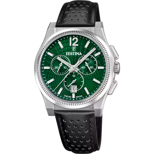 Reloj Festina Hombre Swiss Made F20060/6 Piel Negra Cronógrafo Acero Analógico