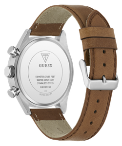 Reloj Guess Hombre GW0972G1 Dawson Piel Marrón Acero Plateado Cronógrafo Analógico