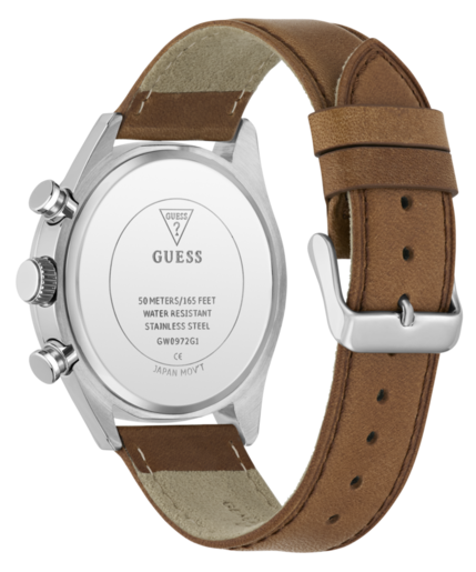Reloj Guess Hombre GW0972G1 Dawson Piel Marrón Acero Plateado Cronógrafo Analógico