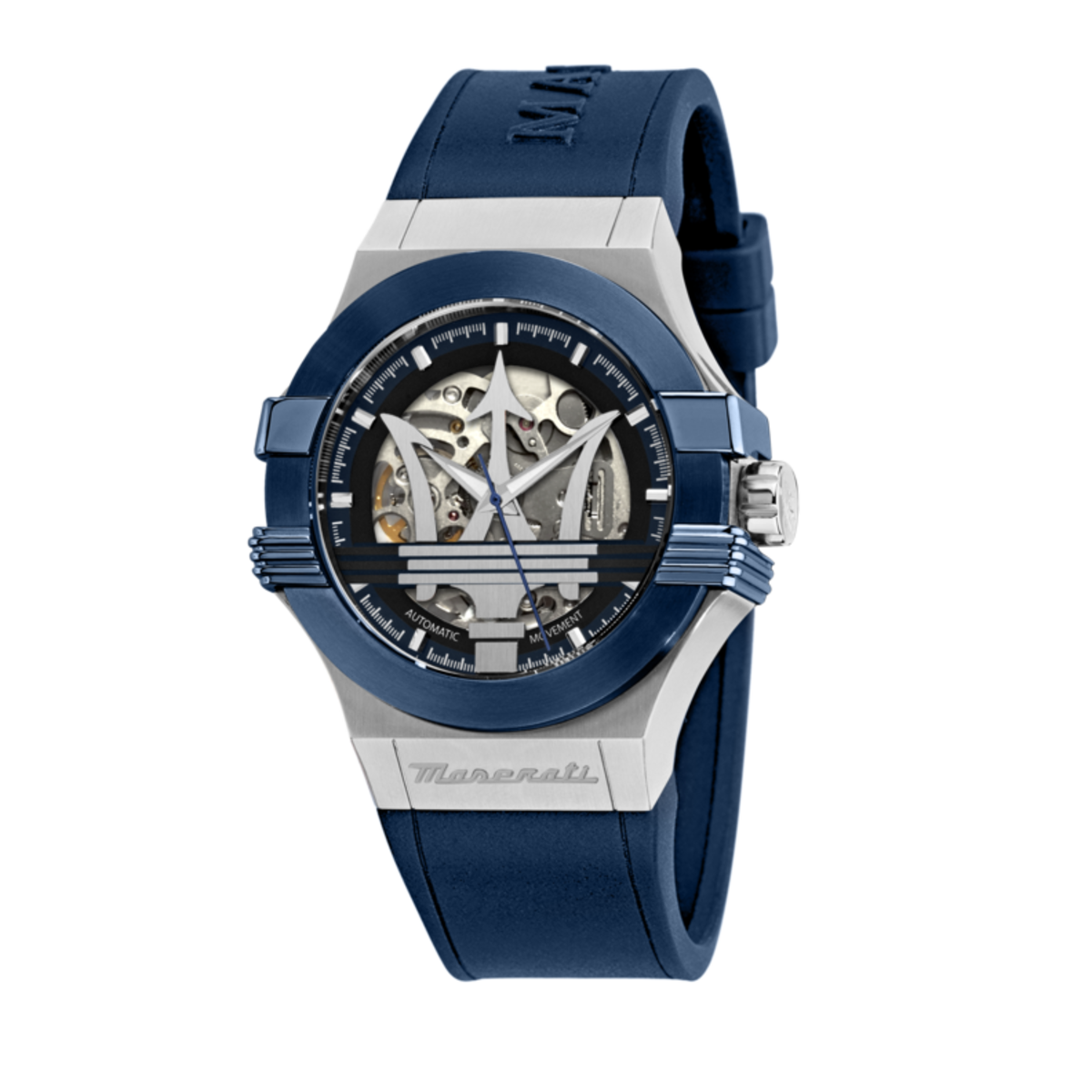 Reloj Maserati Hombre R8821108050 Potenza Piel Azul Automático Acero Plateado Bicolor Azul Analógico