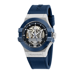 Reloj Maserati Hombre R8821108050 Potenza Piel Azul Automático Acero Plateado Bicolor Azul Analógico