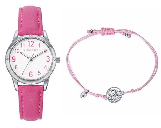 Viceroy Girl's Watch 401278-04 Fuchsia Leather + Silver Heart Bracelet