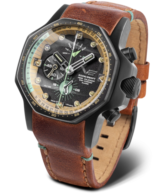 Reloj Vostok Hombre YM86-640C697 Piel Marrón Cronógrafo Acero Negro Analógico
