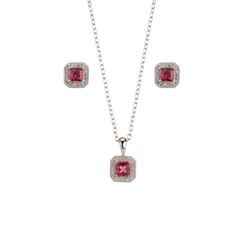 Set Colgante - Pendientes Plata 7,5mm SEC0004RHZR Circonita Roja Cuadrada