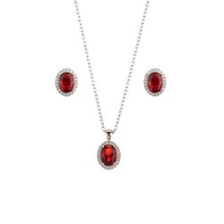 Set Colgante - Pendientes Plata 9mm SEC0002RHZR Circonita Roja Ovalada
