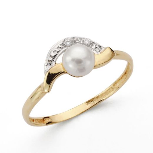 9kt Gold Bicolor Silver Ring 5mm 9K20571-2 Pearl and Zirconia