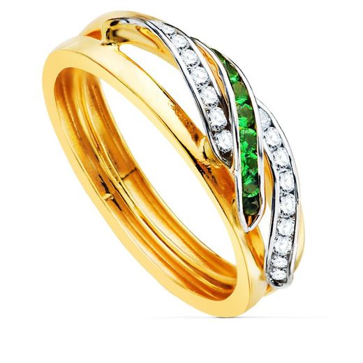 Anello in argento bicolore oro 9kt 6mm 9K19344-VE Zirconi bianchi e verdi