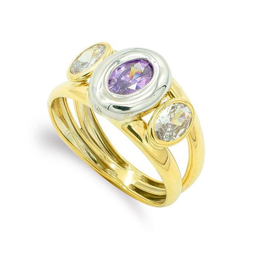 9kt Gold Ring Bicolor Silver 9K12343-AT Amethyst and White Stones